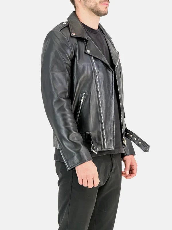 Asymmetrical Collar Black Leather Moto Jacket Men's