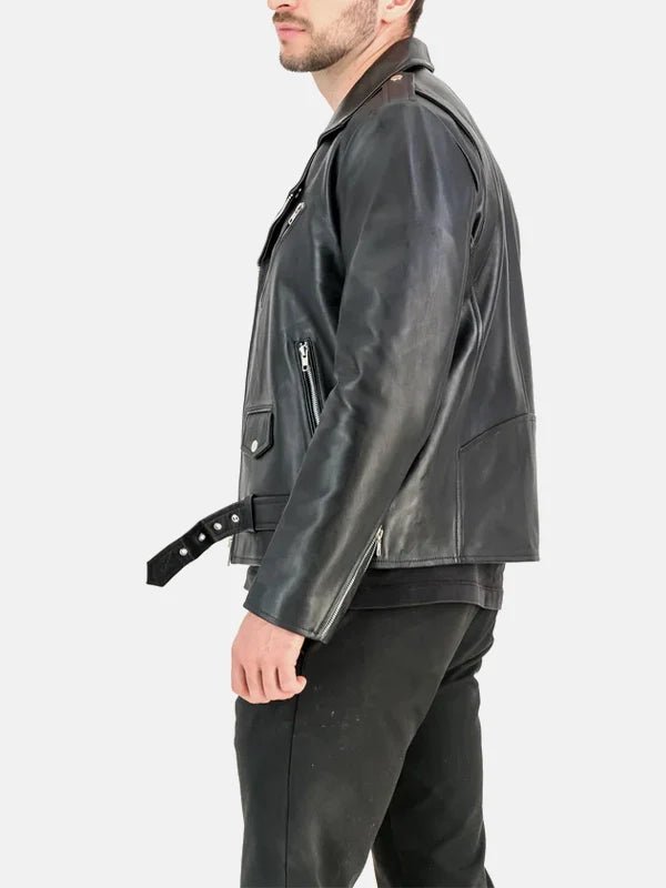 Asymmetrical Collar Style Black Leather Motorcycle Jacket Men's