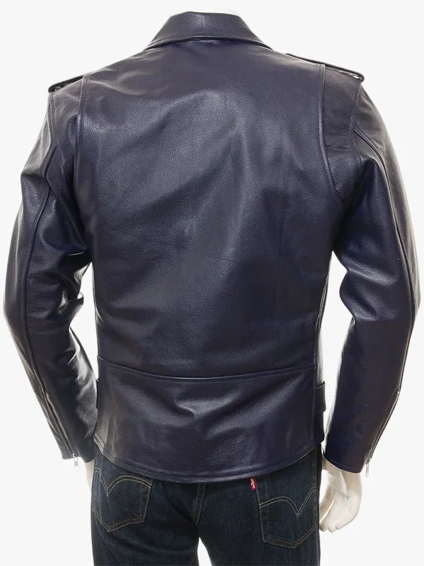 Belted Waist Navy Blue Leather Biker Men's Jacket