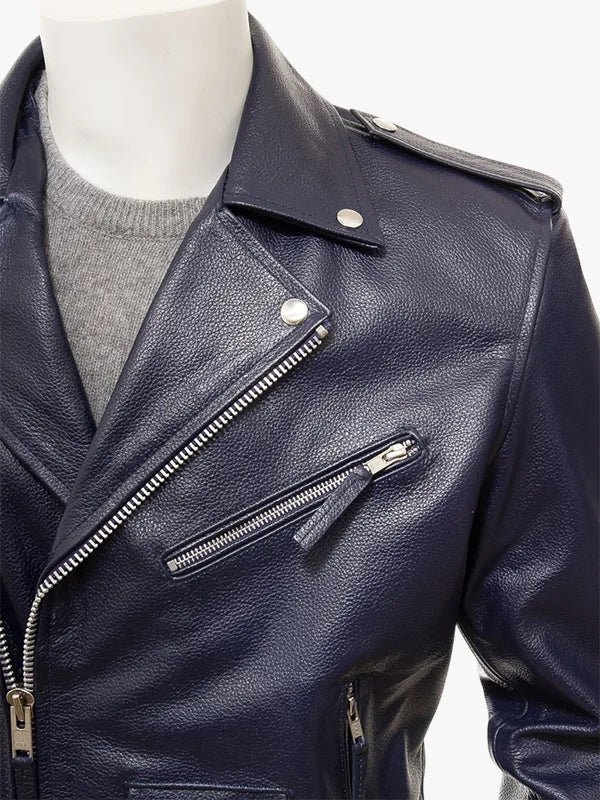 Belted Waist Navy Leather Biker Moto Jacket For Men's