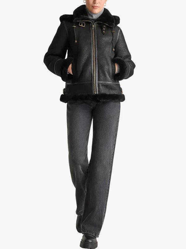 Black Women's Leather Shearling Jacket With Hood