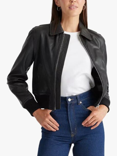Bomber Style Elegant Black Leather Jacket For Women's