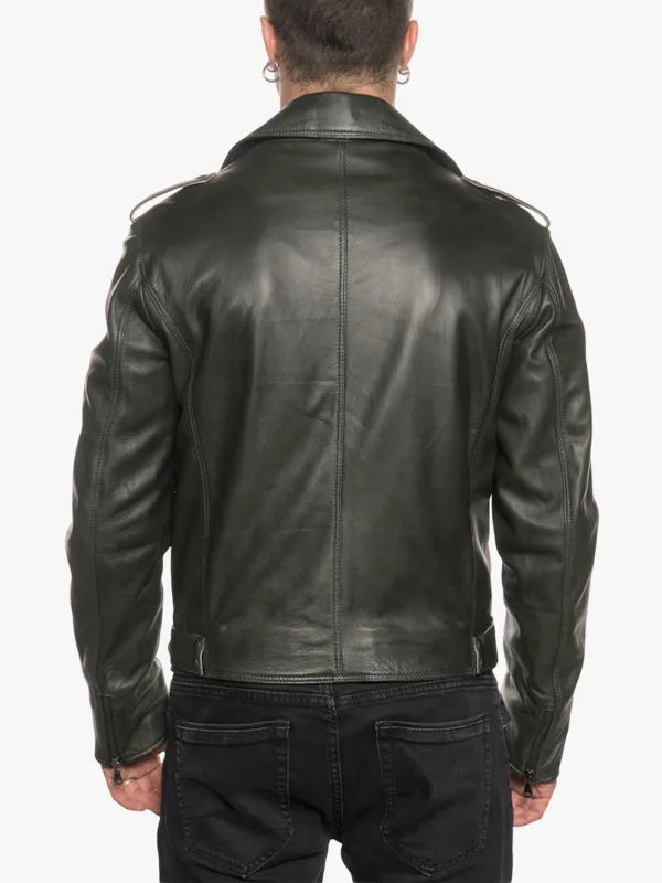 Cross Zip Asymmetrical Collar Green Leather Biker Style Jacket For Men's