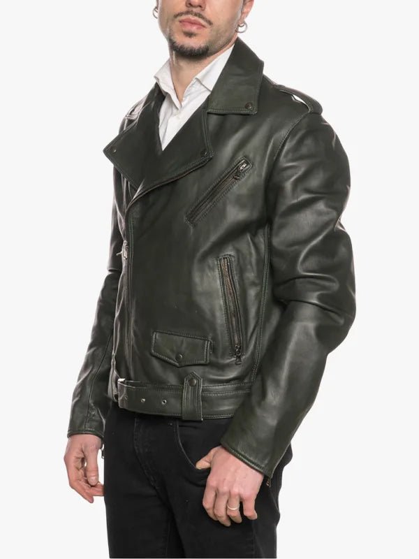 Cross Zip Asymmetrical Collar Men's Green Leather Biker Jacket