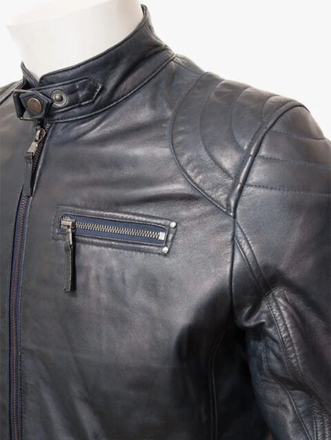 Dark Navy Blue Leather Cafe Racer Style Jacket For Men's