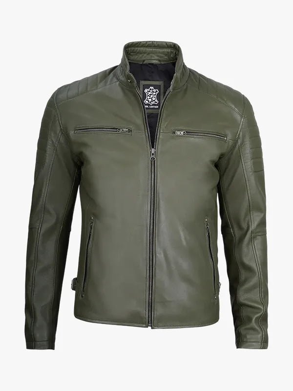 Dark Olive Green Men's Leather Motorcycle Jacket
