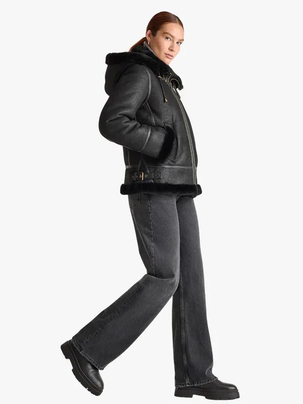 Detachable Hood Black Leather Shearling Jacket Women's
