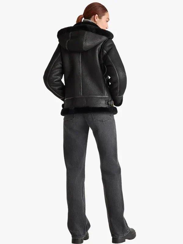Detachable Hood Style Black Leather Shearling Jacket For Women's