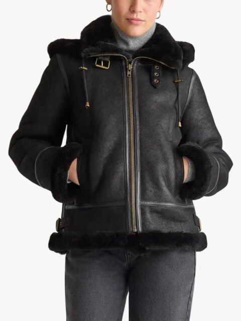 Ladies Black Leather Shearling Jacket With Detachable Hood