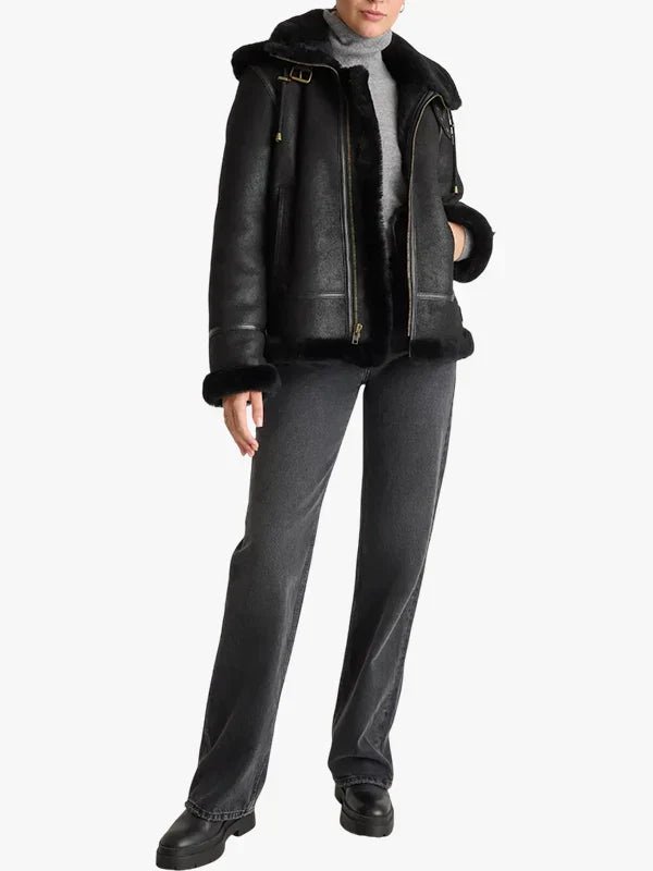 Ladies Detachable Hood Black Leather Shearling Jacket