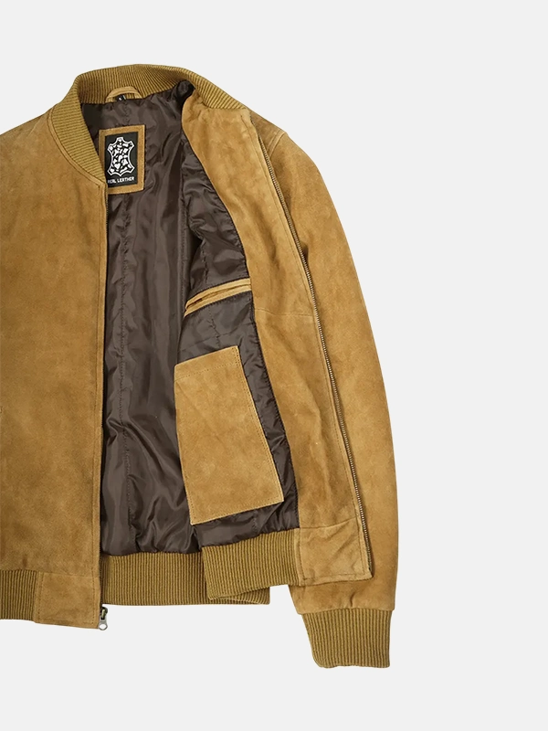 Light Brown Suede Leather Bomber Jacket Men's