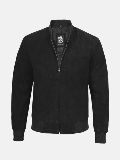 Mandarin Collar Black Suede Bomber Jacket Men's