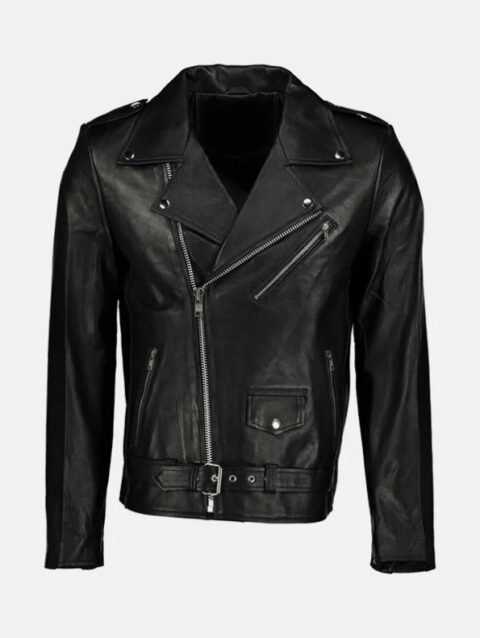 Men's Asymmetrical Collar Black Leather Moto Jacket