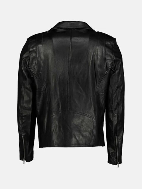Men's Asymmetrical Collar Leather Moto Jacket In Black