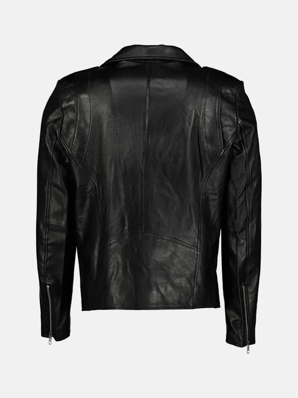Men's Asymmetrical Collar Leather Moto Jacket In Black