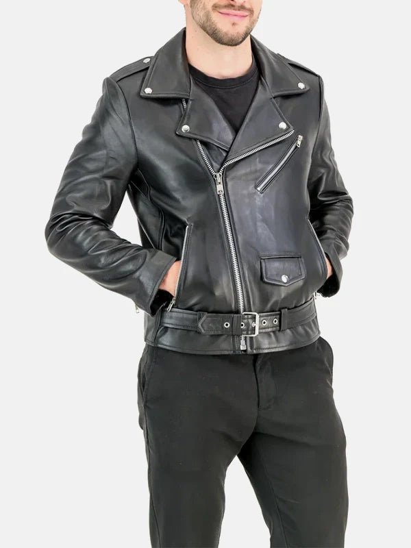 Men's Asymmetrical Collar Leather Motorcycle Black Jacket