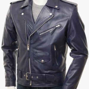 Men's Belted Waist Navy Leather Biker Jacket