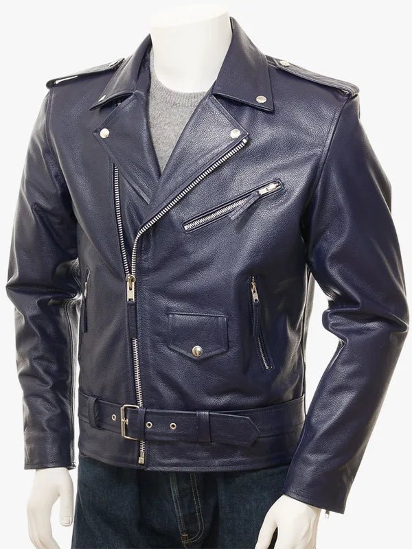 Men's Belted Waist Navy Leather Biker Jacket