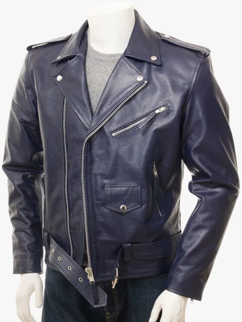 Men's Belted Waist Navy Leather Biker Moto Jacket