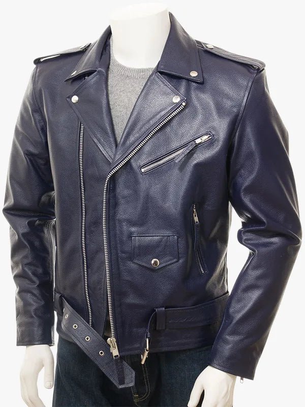 Men's Belted Waist Navy Leather Biker Moto Jacket
