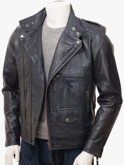 Men's Blue Leather Shoulder Padded Biker Jacket