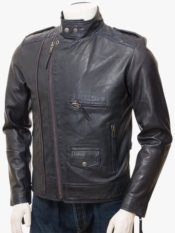Men's Blue Leather Shoulder Padded Biker Moto Jacket