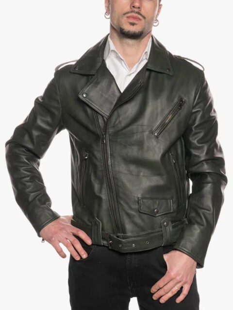 Men's Cross Zip Asymmetrical Green Leather Biker Jacket