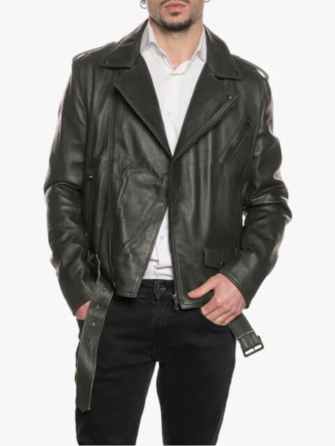 Men's Cross Zip Asymmetrical Olive Green Leather Biker Jacket