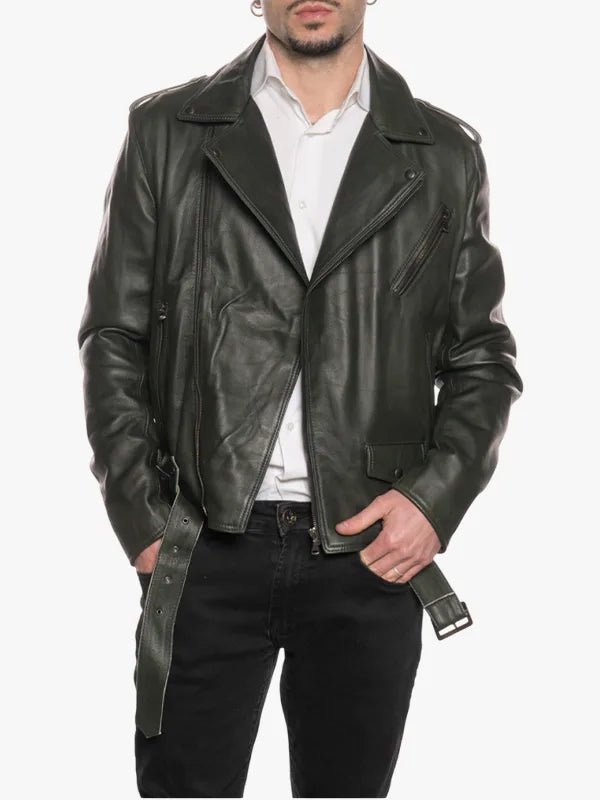 Men's Cross Zip Asymmetrical Olive Green Leather Biker Jacket