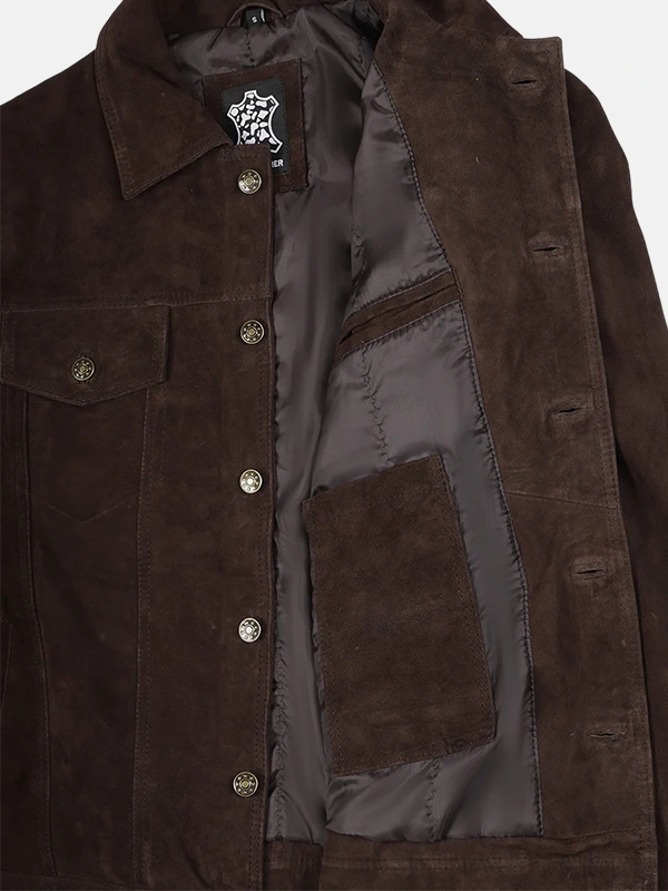 Men's Dark Brown Suede Leather Trucker Jacket