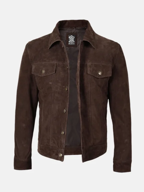 Men's Dark Brown Suede Trucker Jacket