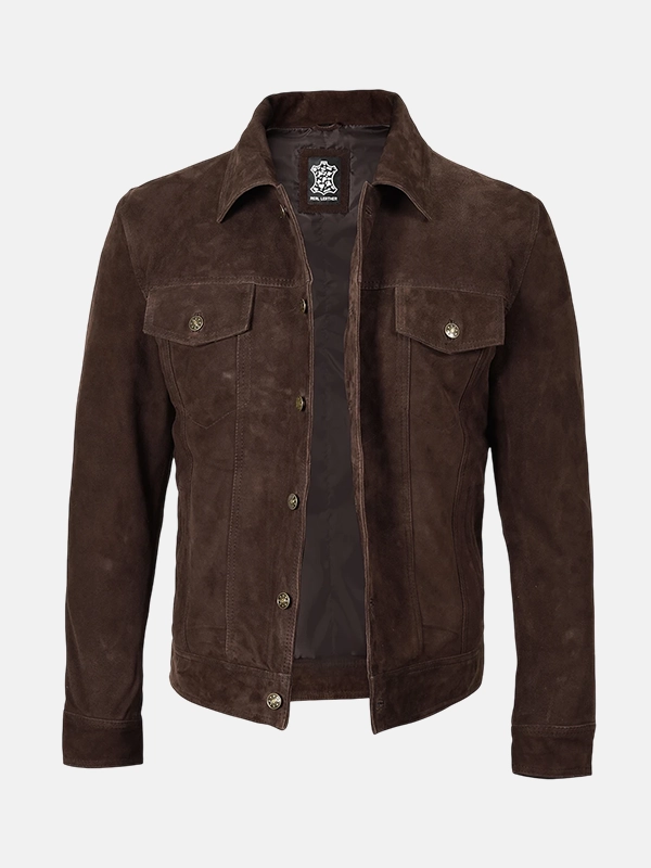 Men's Dark Brown Suede Trucker Jacket