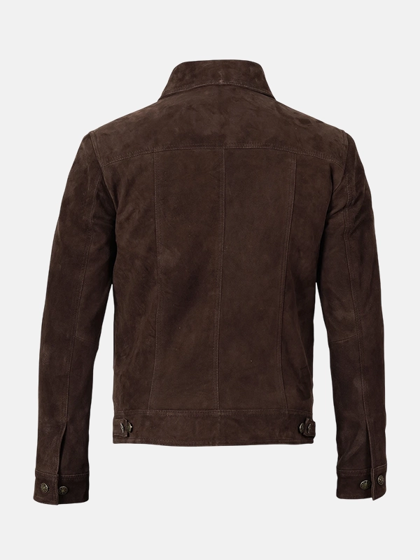 Men's Dark Brown Trucker Style Dark Brown Suede Leather Jacket