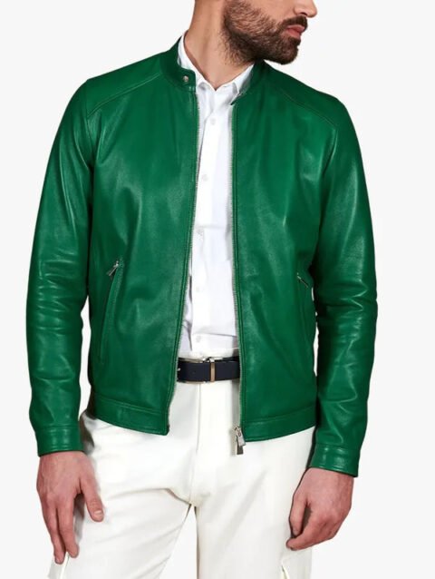 Men's Dark Natural Green Leather Cafe Racer Jacket
