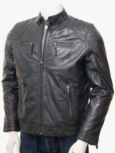 Men's Dark Navy Blue Leather Cafe Racer Jacket