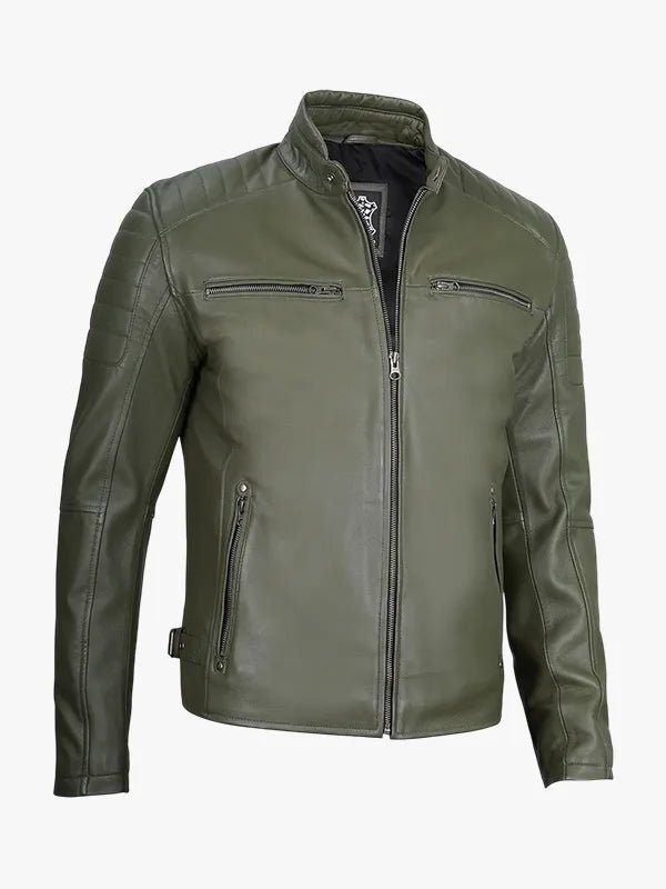 Men's Dark Olive Green Leather Motorcycle Cafe Racer Jacket