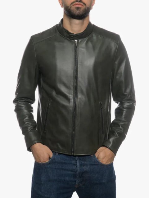 Men's Green Soft Genuine Leather Cafe Racer Jacket