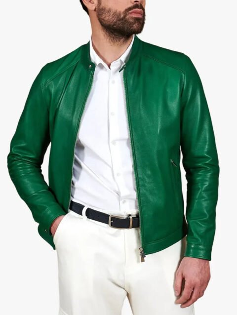 Men's Leather Cafe Racer Jacket Dark Natural Green