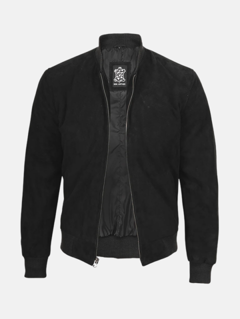 Men's Mandarin Collar Black Suede Bomber Jacket