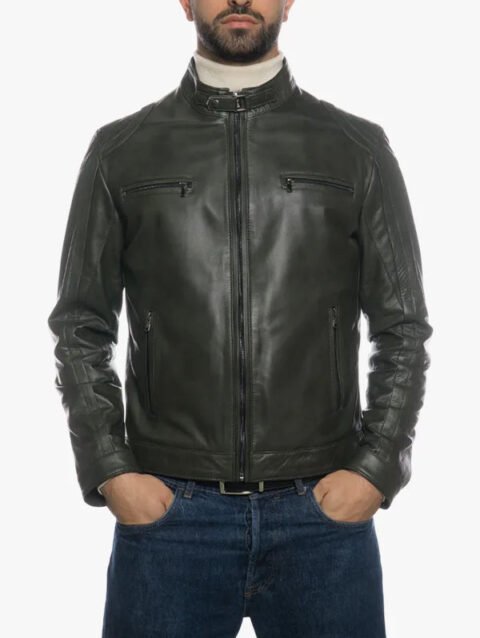 Men's Olive Green Leather Modern Moto Cafe Racer Jacket