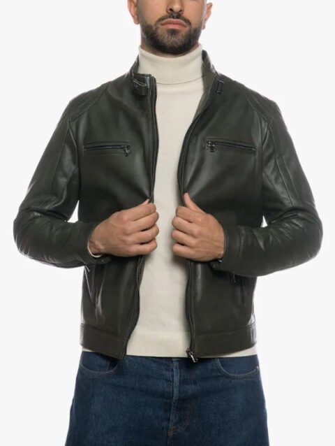 Men's Olive Green Leather Modern Moto Jacket