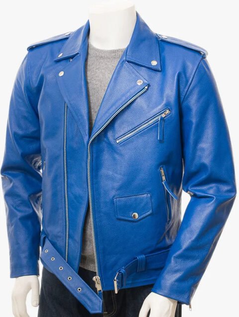 Men's Royal Blue Leather Asymmetrical Collar Biker Jacket