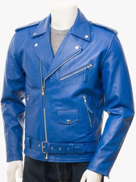 Men's Royal Blue Leather Asymmetrical Collar Biker Moto Jacket