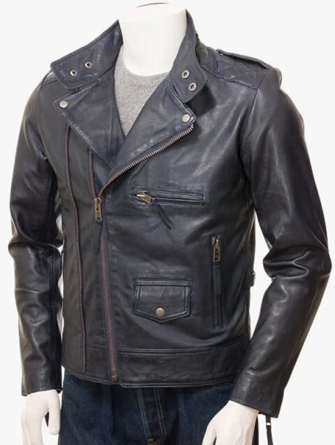 Men's Shoulder Padded Blue Leather Biker Jacket