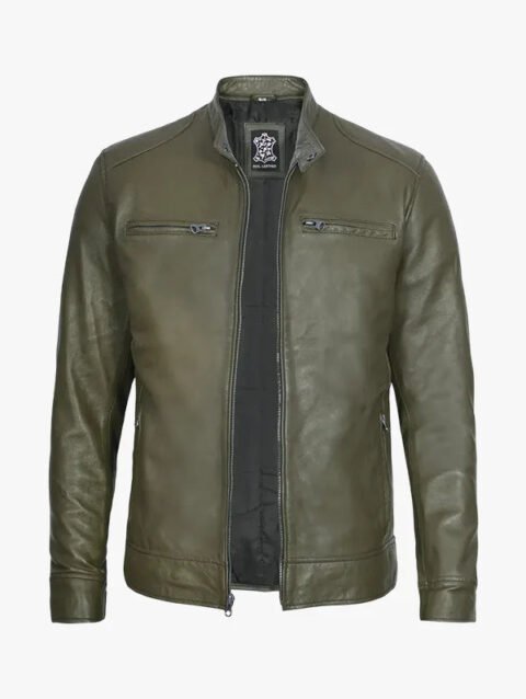 Men's Simple Olive Green Cafe Racer Leather Jacket