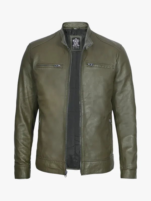 Men's Simple Olive Green Cafe Racer Leather Jacket