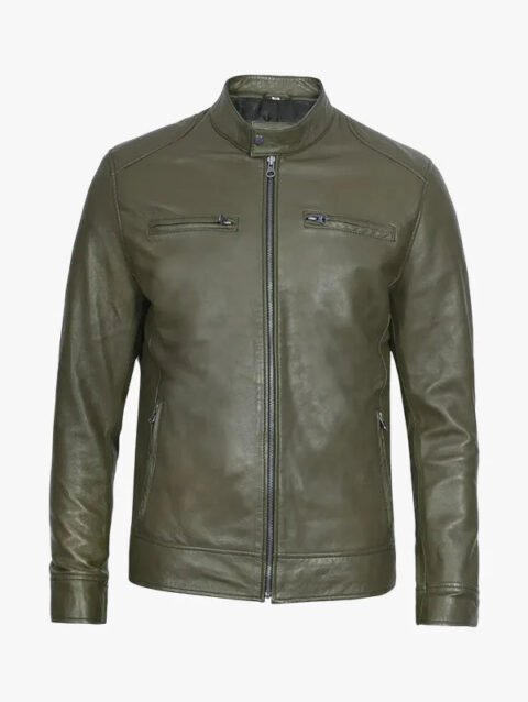 Men's Simple Olive Green Leather Cafe Racer Jacket