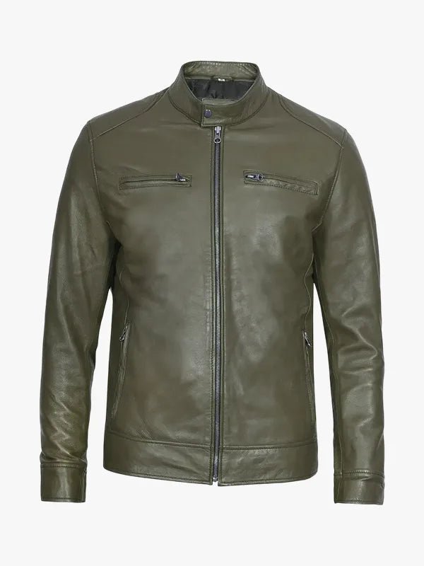 Men's Simple Olive Green Leather Cafe Racer Jacket