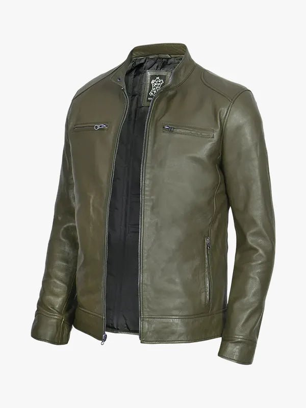 Men's Simple Olive Green Leather Jacket Cafe Racer