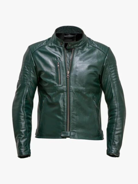 Men's Slight Fitted Green Leather Cafe Racer Padded Jacket